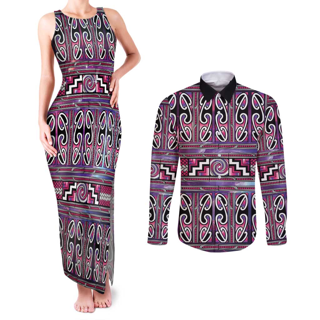 Maori Matariki Couples Matching Tank Maxi Dress and Long Sleeve Button Shirt Pink Galaxy Aesthetic Koru Art LT01 Pink - Polynesian Pride
