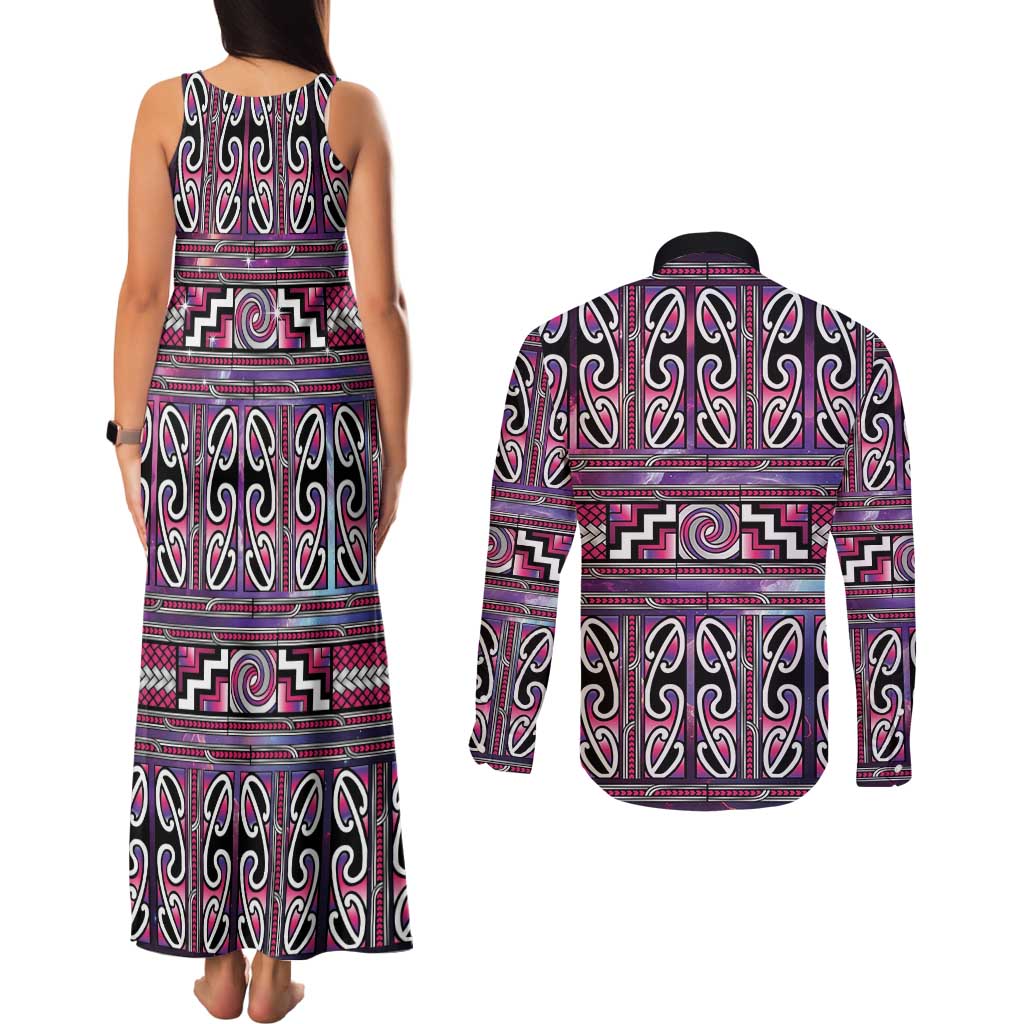 Maori Matariki Couples Matching Tank Maxi Dress and Long Sleeve Button Shirt Pink Galaxy Aesthetic Koru Art LT01 - Polynesian Pride