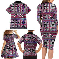 Maori Matariki Family Matching Long Sleeve Bodycon Dress and Hawaiian Shirt Pink Galaxy Aesthetic Koru Art