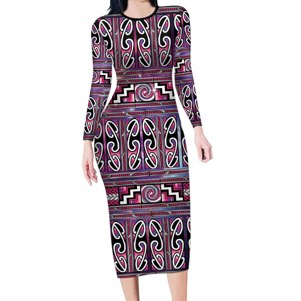 Maori Matariki Family Matching Long Sleeve Bodycon Dress and Hawaiian Shirt Pink Galaxy Aesthetic Koru Art