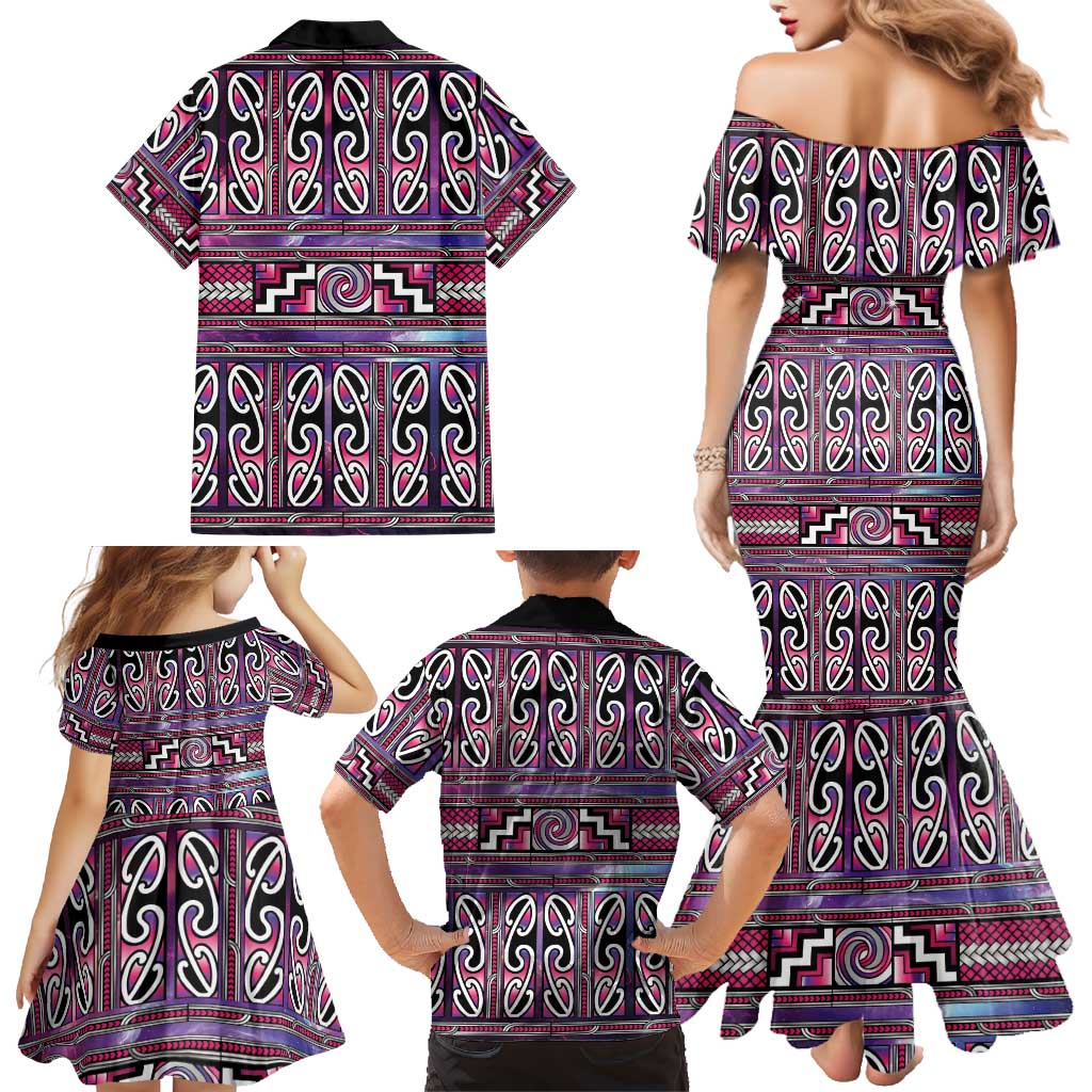 Maori Matariki Family Matching Mermaid Dress and Hawaiian Shirt Pink Galaxy Aesthetic Koru Art