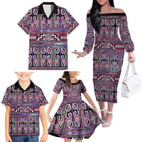 Maori Matariki Family Matching Off The Shoulder Long Sleeve Dress and Hawaiian Shirt Pink Galaxy Aesthetic Koru Art