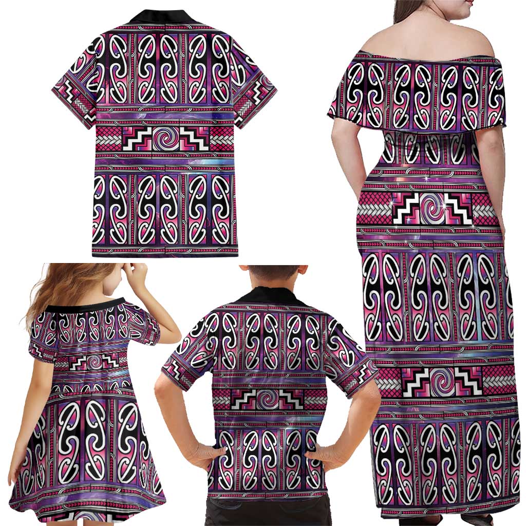 Maori Matariki Family Matching Off Shoulder Maxi Dress and Hawaiian Shirt Pink Galaxy Aesthetic Koru Art
