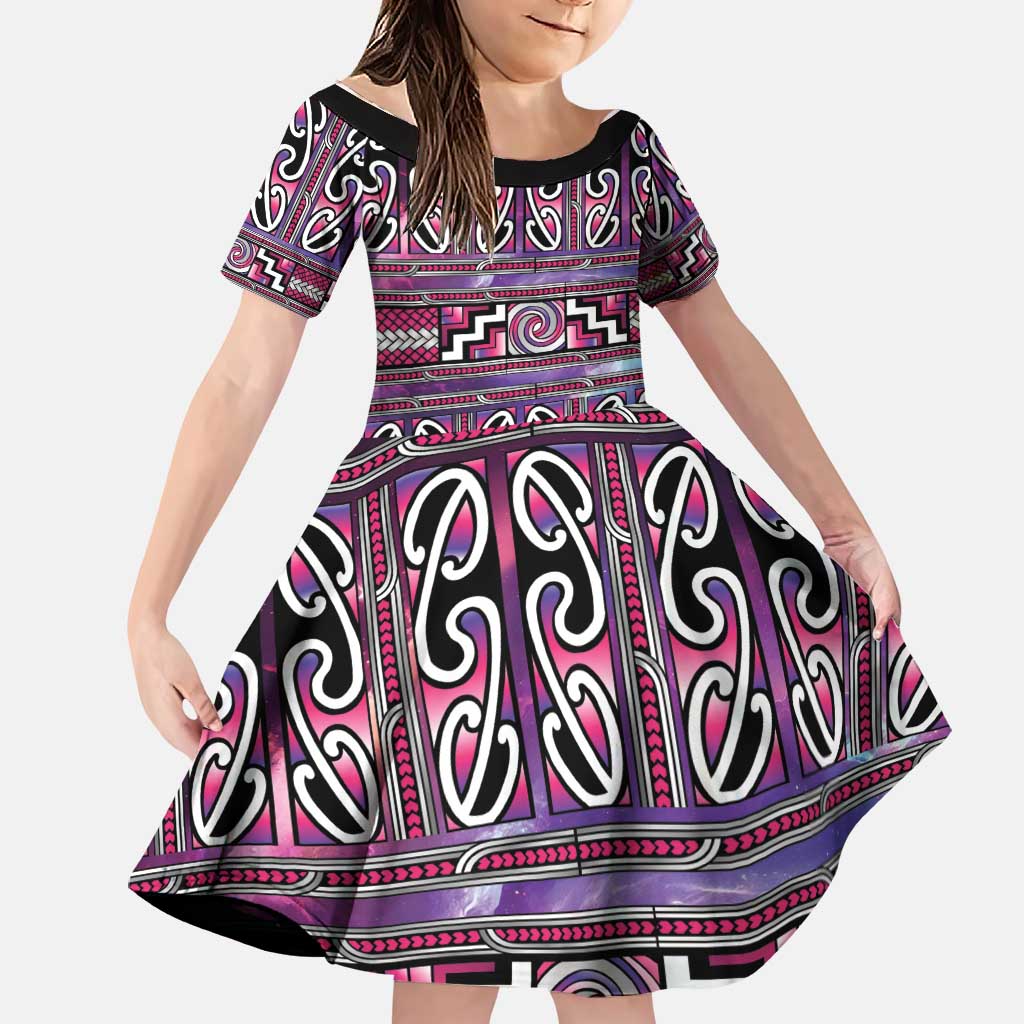 Maori Matariki Family Matching Off Shoulder Short Dress and Hawaiian Shirt Pink Galaxy Aesthetic Koru Art LT01 Daughter's Dress Pink - Polynesian Pride