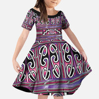 Maori Matariki Family Matching Off Shoulder Short Dress and Hawaiian Shirt Pink Galaxy Aesthetic Koru Art LT01 Daughter's Dress Pink - Polynesian Pride
