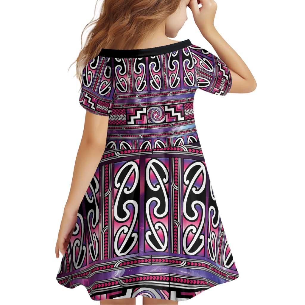 Maori Matariki Family Matching Off Shoulder Short Dress and Hawaiian Shirt Pink Galaxy Aesthetic Koru Art LT01 - Polynesian Pride