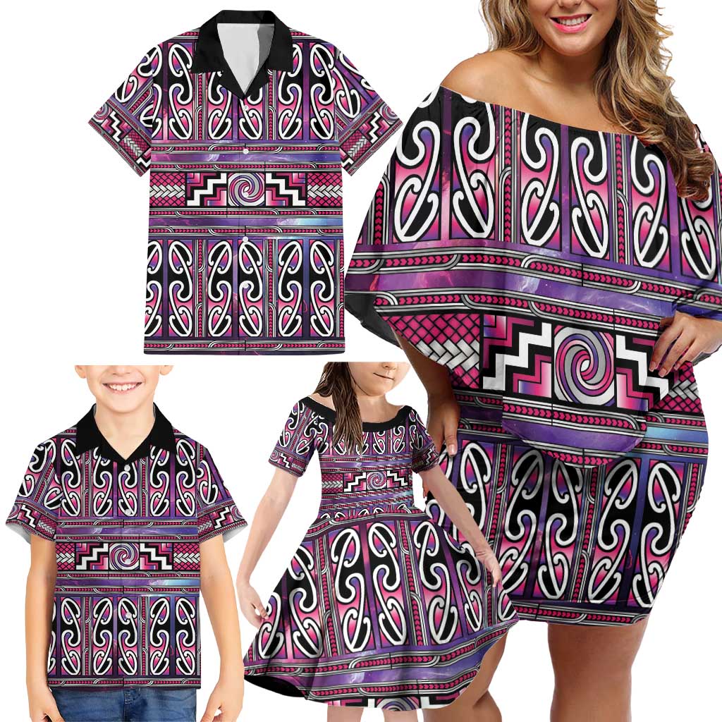 Maori Matariki Family Matching Off Shoulder Short Dress and Hawaiian Shirt Pink Galaxy Aesthetic Koru Art LT01 - Polynesian Pride