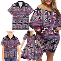 Maori Matariki Family Matching Off Shoulder Short Dress and Hawaiian Shirt Pink Galaxy Aesthetic Koru Art LT01 - Polynesian Pride