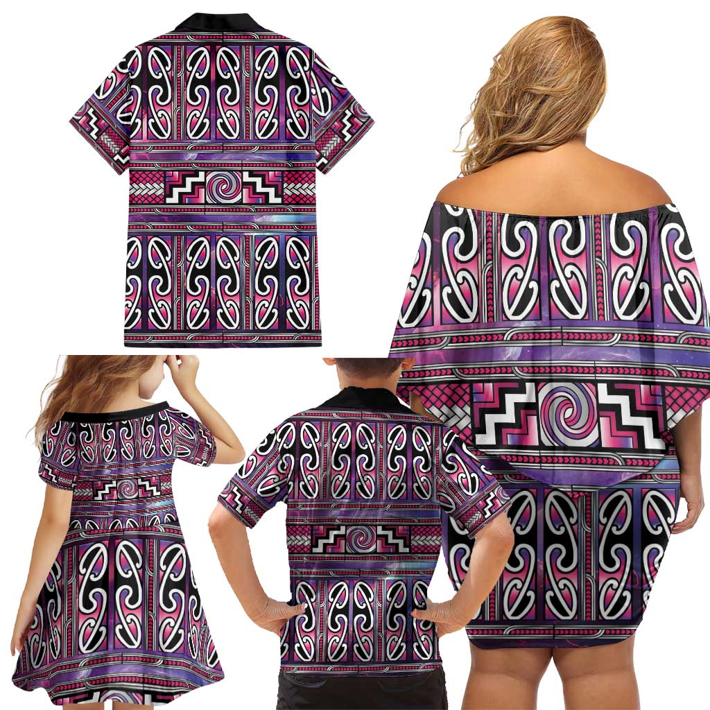 Maori Matariki Family Matching Off Shoulder Short Dress and Hawaiian Shirt Pink Galaxy Aesthetic Koru Art LT01 - Polynesian Pride
