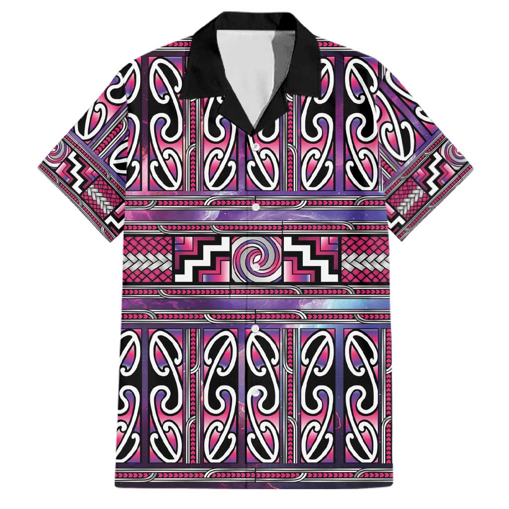 Maori Matariki Family Matching Off Shoulder Short Dress and Hawaiian Shirt Pink Galaxy Aesthetic Koru Art LT01 Dad's Shirt - Short Sleeve Pink - Polynesian Pride