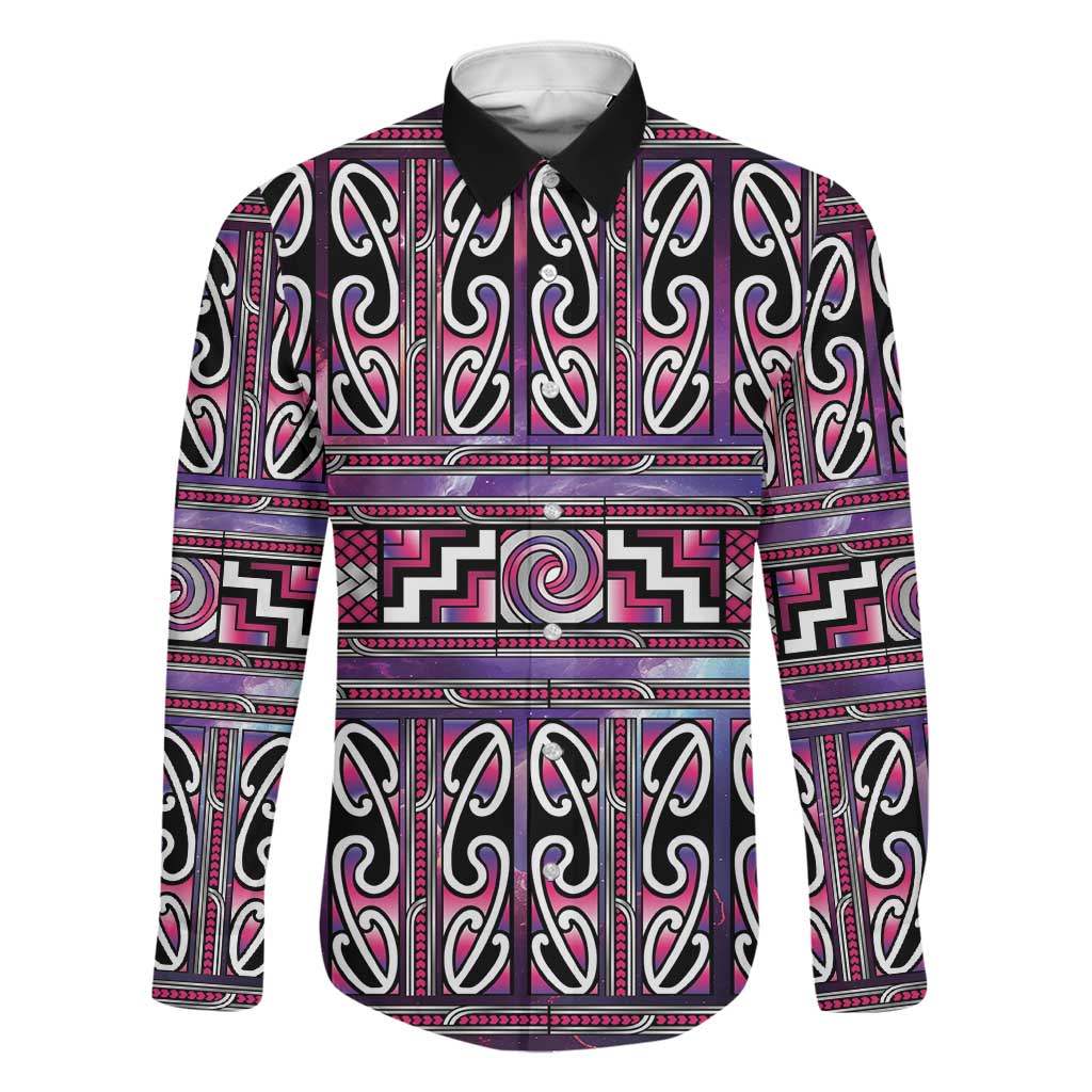 Maori Matariki Family Matching Off Shoulder Short Dress and Hawaiian Shirt Pink Galaxy Aesthetic Koru Art LT01 Dad's Shirt - Long Sleeve Pink - Polynesian Pride