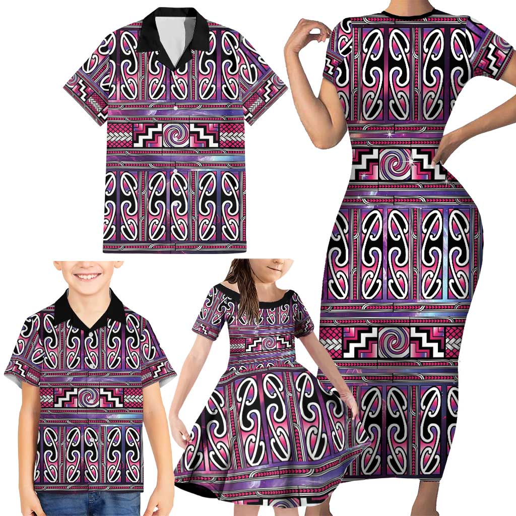 Maori Matariki Family Matching Short Sleeve Bodycon Dress and Hawaiian Shirt Pink Galaxy Aesthetic Koru Art