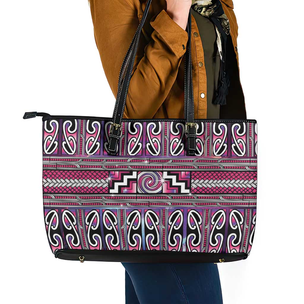 Maori Matariki Leather Tote Bag Pink Galaxy Aesthetic Koru Art