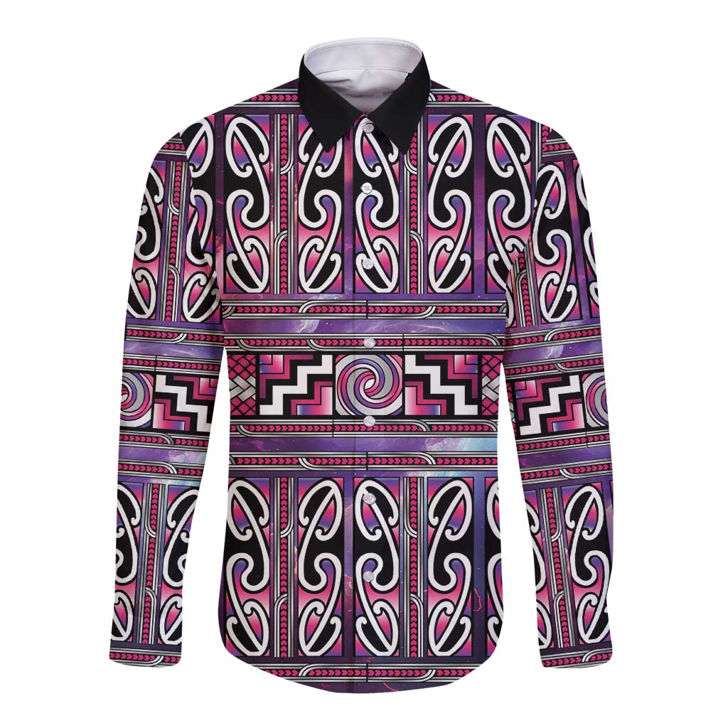Maori Matariki Long Sleeve Button Shirt Pink Galaxy Aesthetic Koru Art