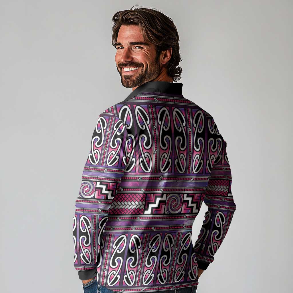 Maori Matariki Long Sleeve Polo Shirt Pink Galaxy Aesthetic Koru Art