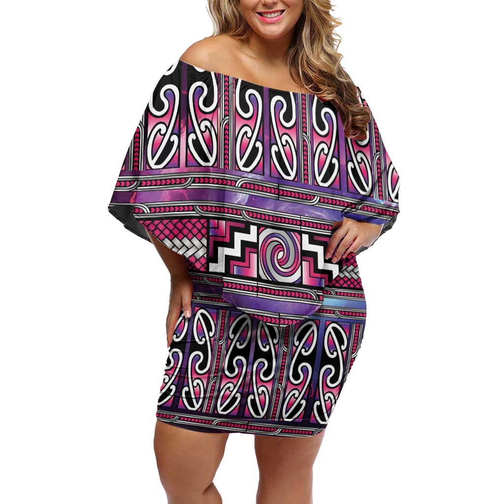 Maori Matariki Off Shoulder Short Dress Pink Galaxy Aesthetic Koru Art LT01 Women Pink - Polynesian Pride