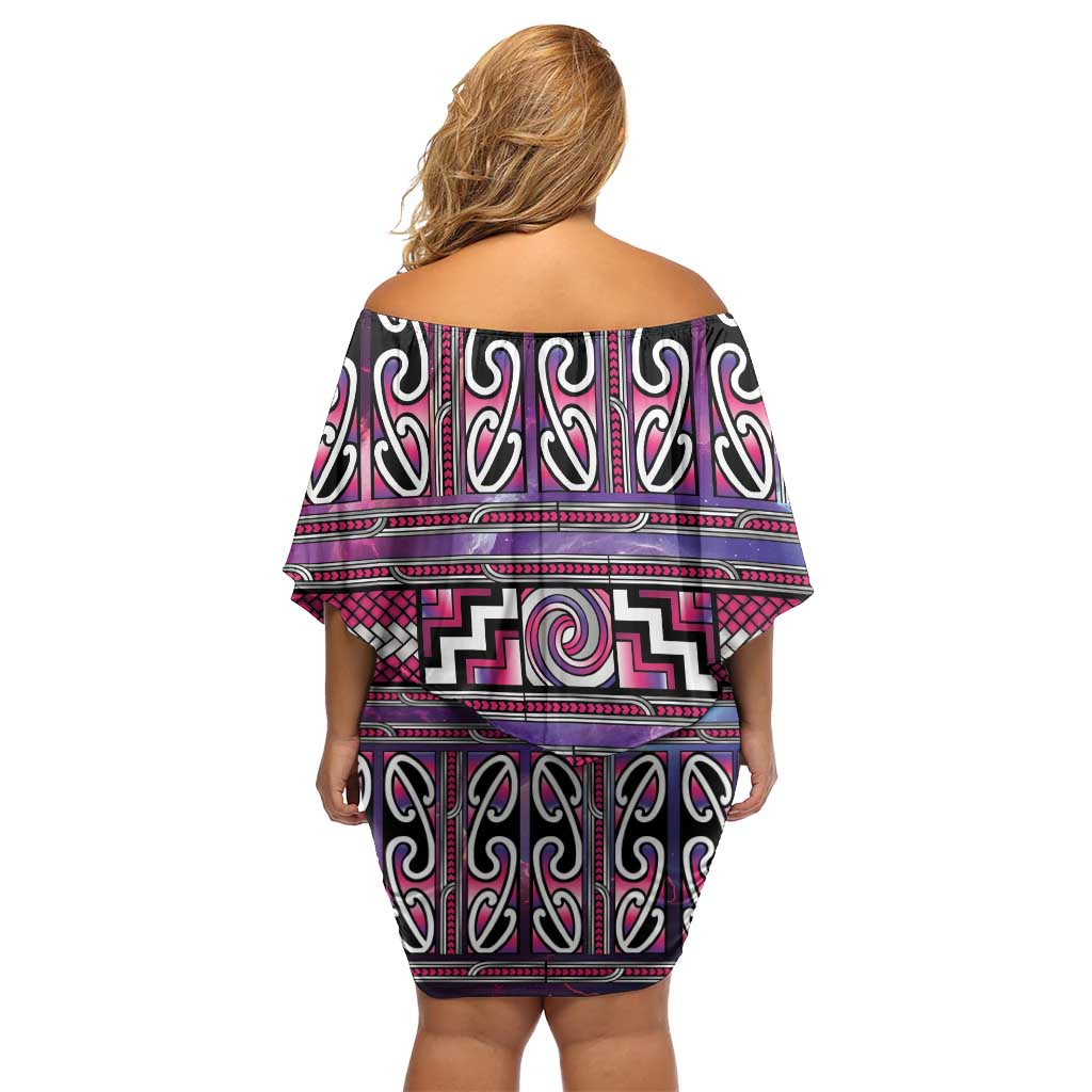 Maori Matariki Off Shoulder Short Dress Pink Galaxy Aesthetic Koru Art LT01 - Polynesian Pride