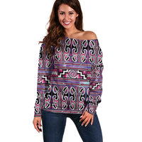 Maori Matariki Off Shoulder Sweater Pink Galaxy Aesthetic Koru Art