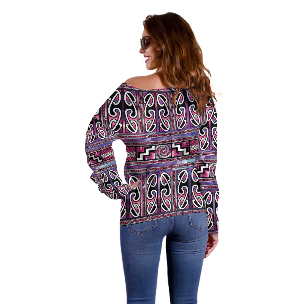 Maori Matariki Off Shoulder Sweater Pink Galaxy Aesthetic Koru Art