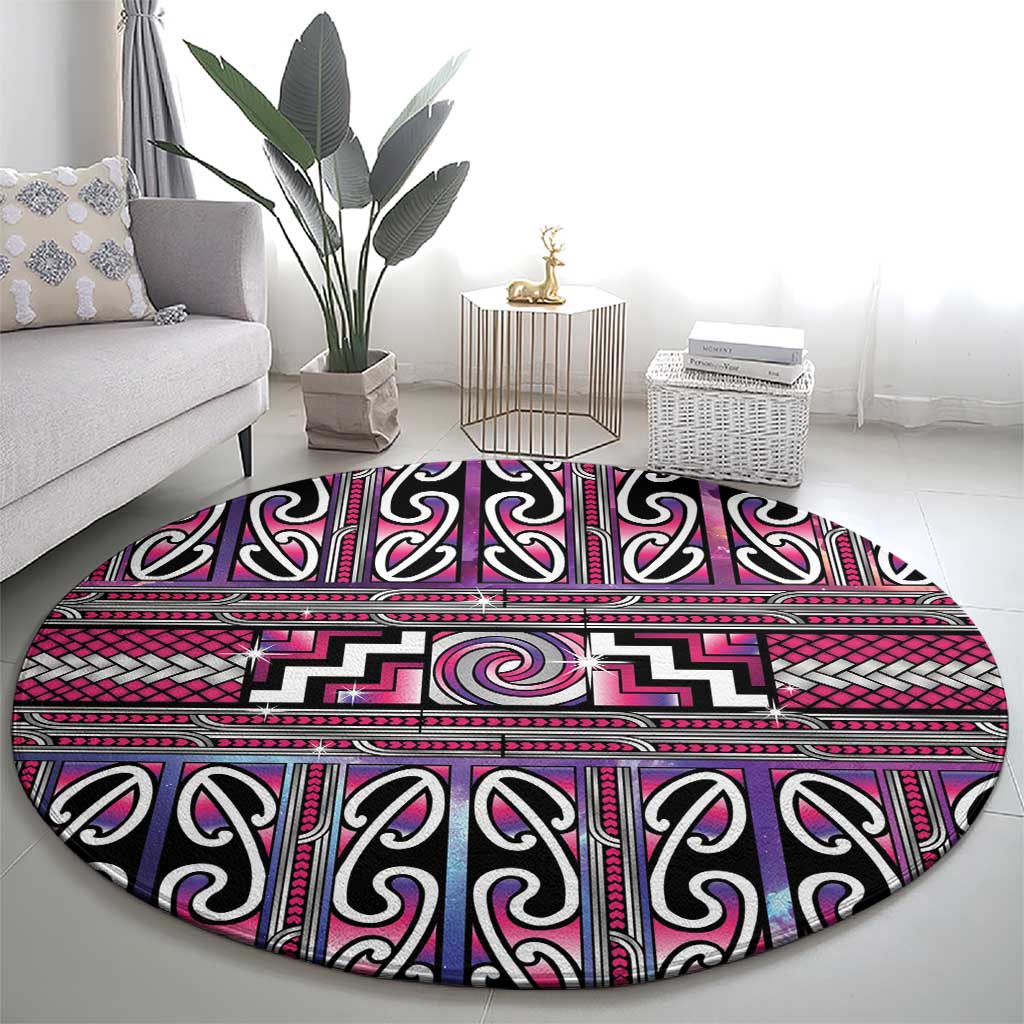 Maori Matariki Round Carpet Pink Galaxy Aesthetic Koru Art