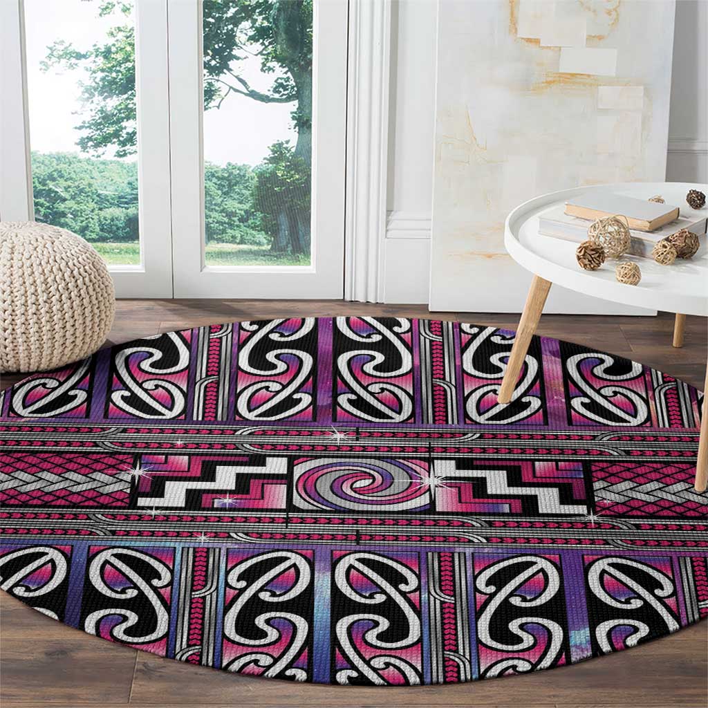 Maori Matariki Round Carpet Pink Galaxy Aesthetic Koru Art