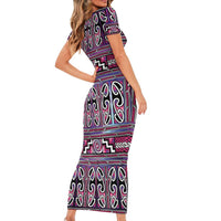 Maori Matariki Short Sleeve Bodycon Dress Pink Galaxy Aesthetic Koru Art