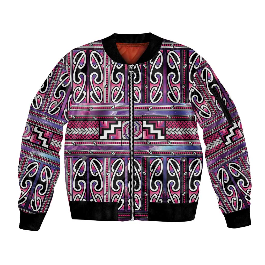 Maori Matariki Sleeve Zip Bomber Jacket Pink Galaxy Aesthetic Koru Art