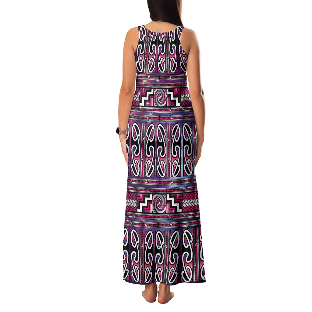 Maori Matariki Tank Maxi Dress Pink Galaxy Aesthetic Koru Art LT01 - Polynesian Pride