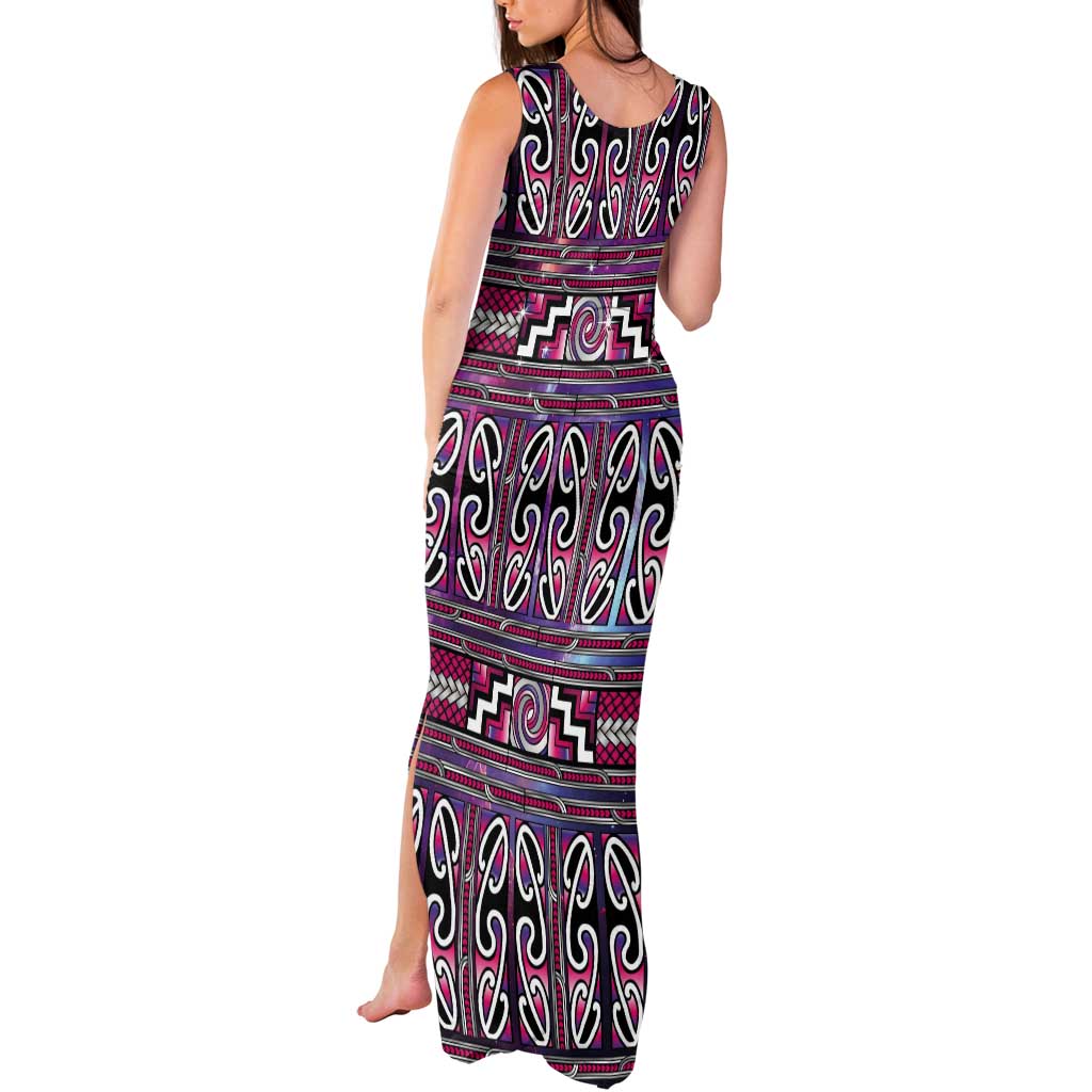 Maori Matariki Tank Maxi Dress Pink Galaxy Aesthetic Koru Art LT01 - Polynesian Pride