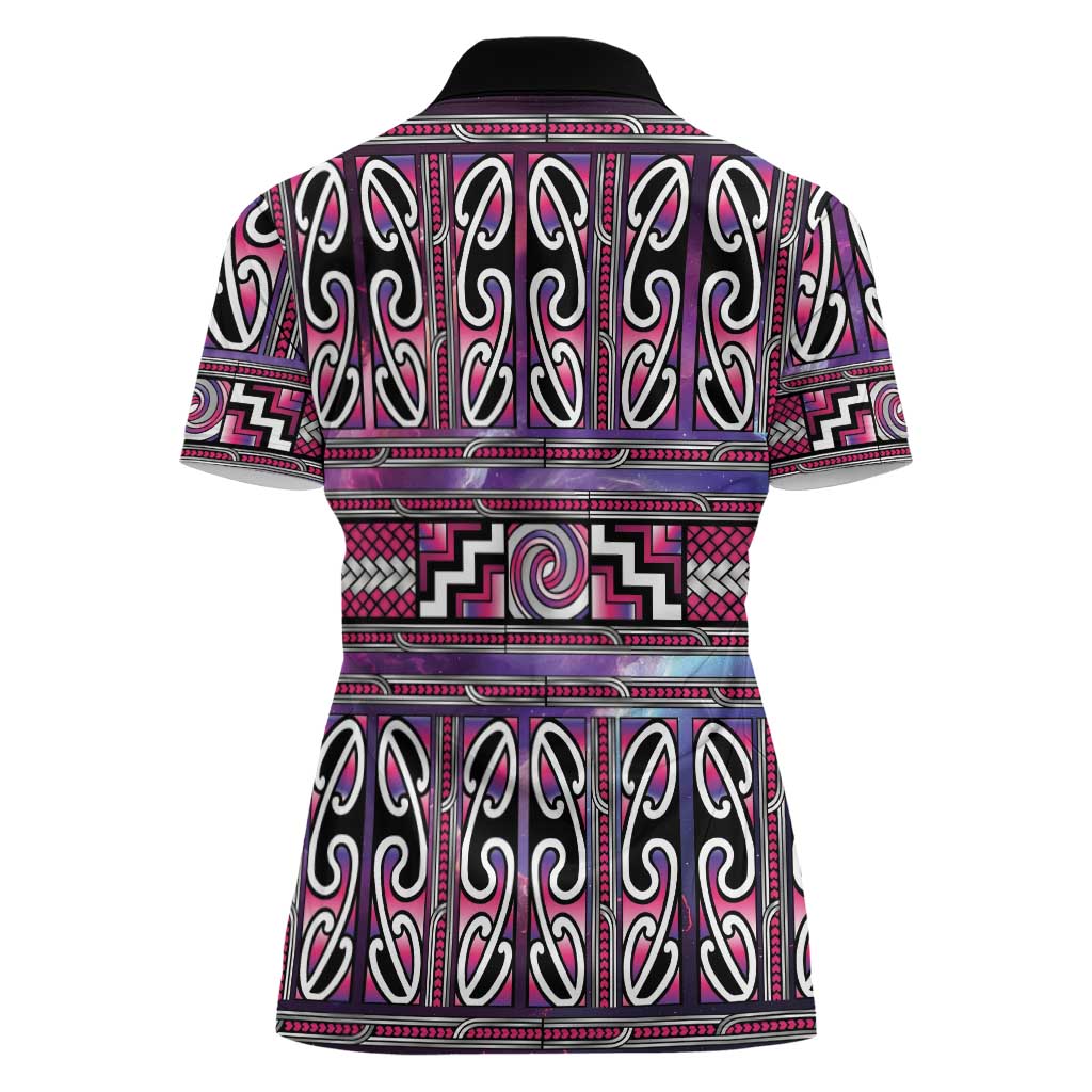 Maori Matariki Women Polo Shirt Pink Galaxy Aesthetic Koru Art