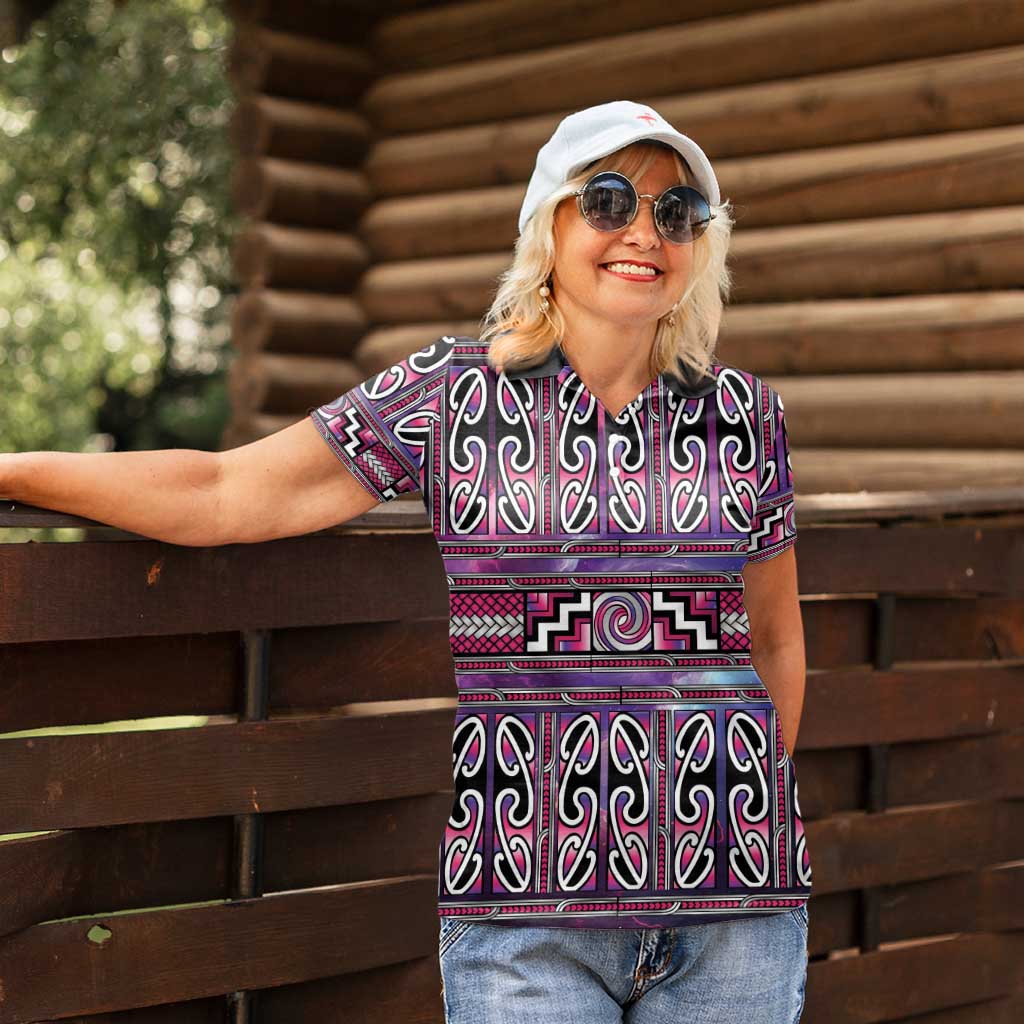 Maori Matariki Women Polo Shirt Pink Galaxy Aesthetic Koru Art