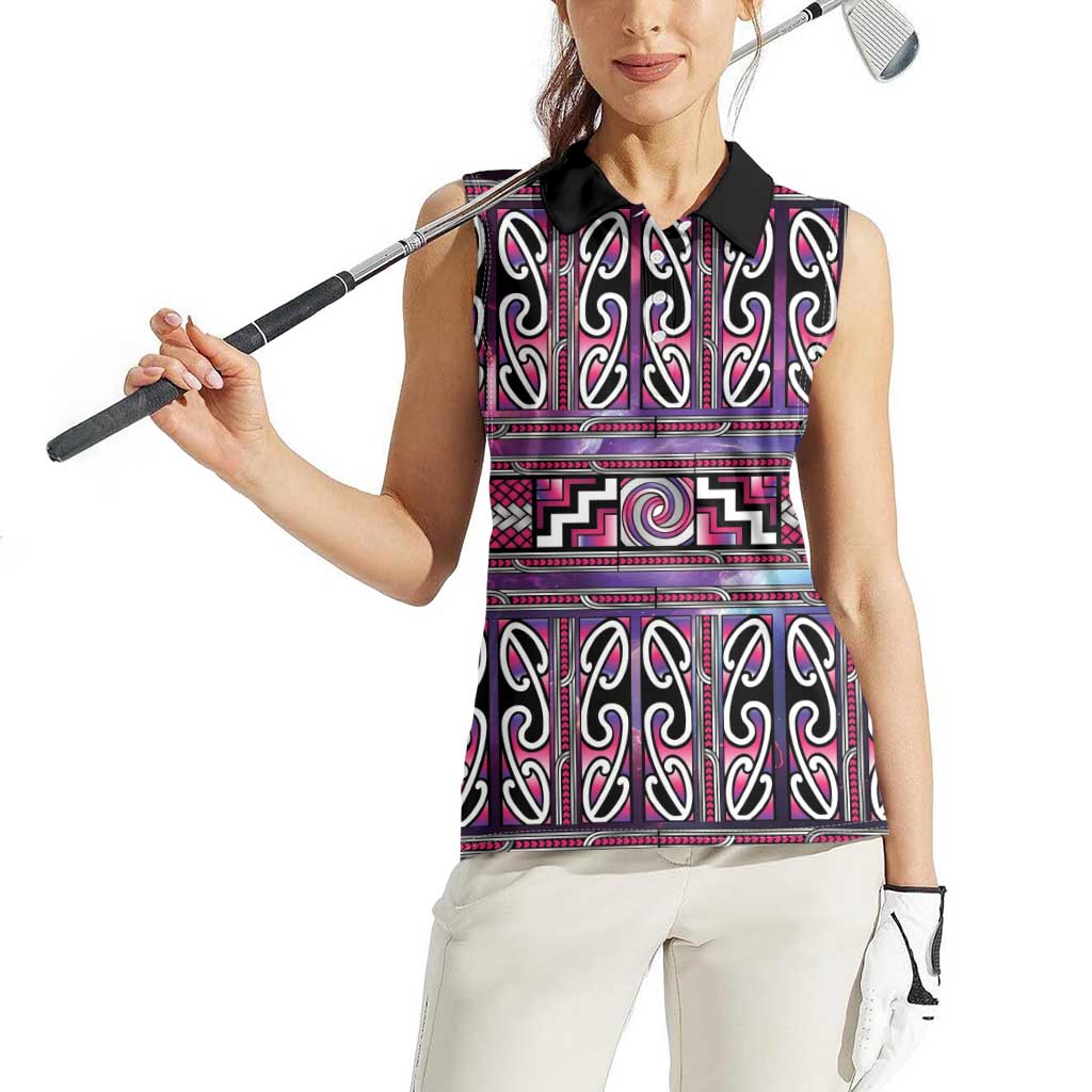 Maori Matariki Women Sleeveless Polo Shirt Pink Galaxy Aesthetic Koru Art