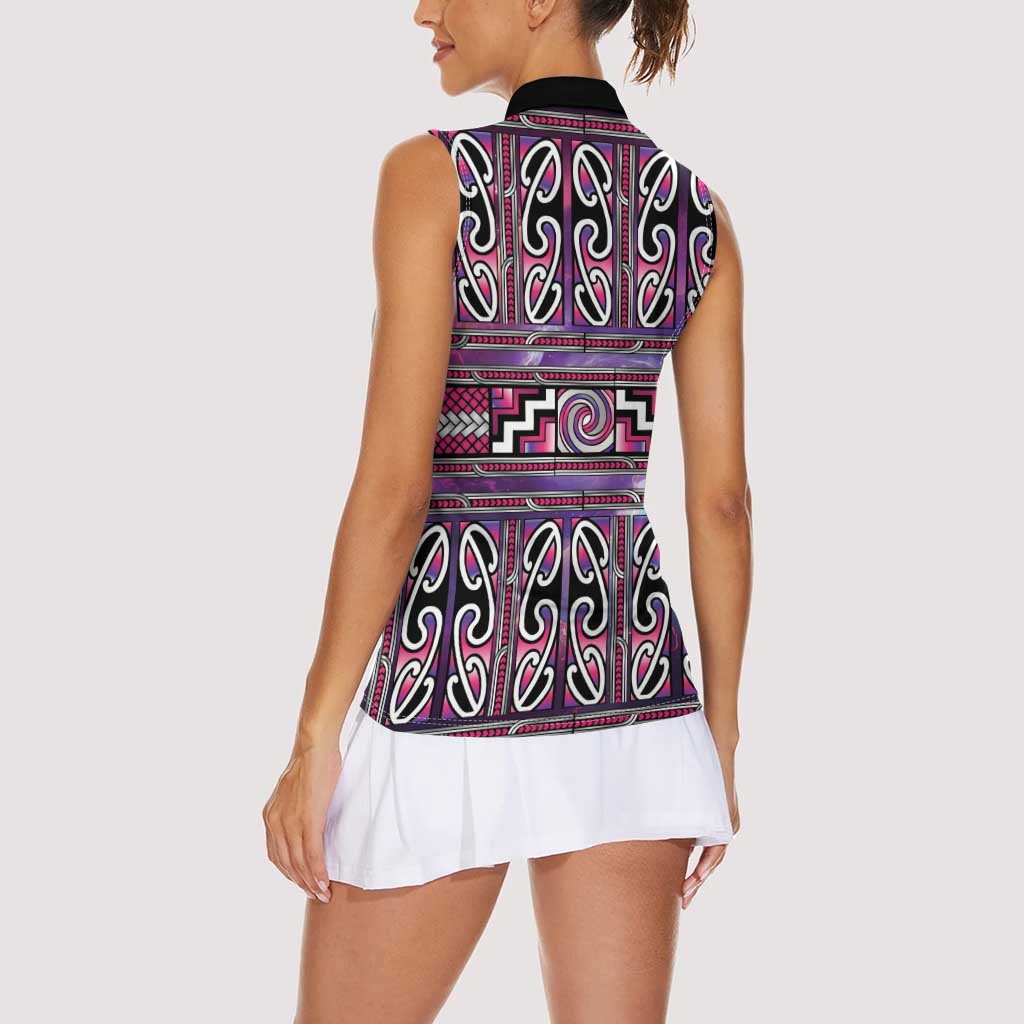 Maori Matariki Women Sleeveless Polo Shirt Pink Galaxy Aesthetic Koru Art