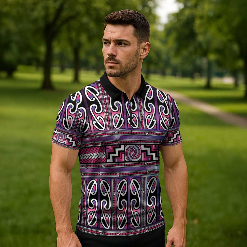 Maori Matariki Zipper Polo Shirt Pink Galaxy Aesthetic Koru Art
