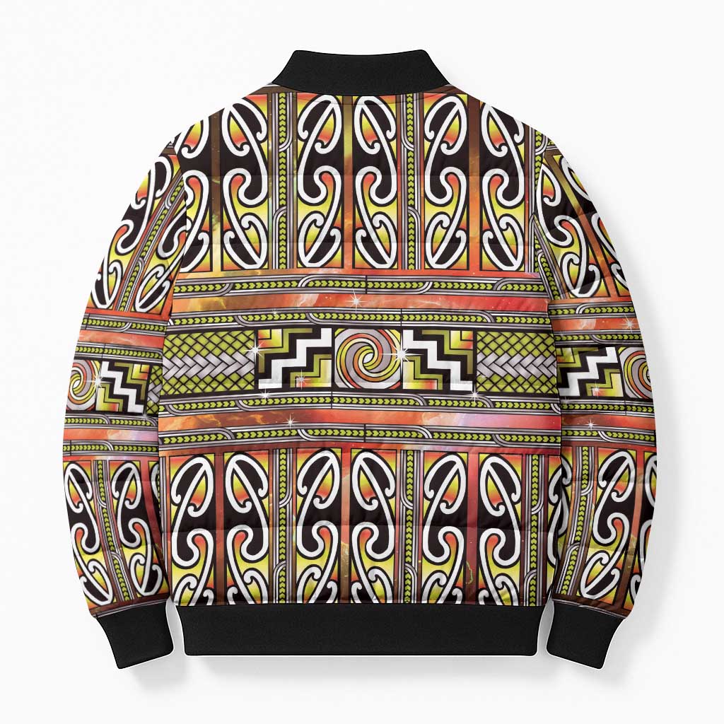 Maori Matariki Bomber Puffer Jacket Yellow Galaxy Aesthetic Koru Art