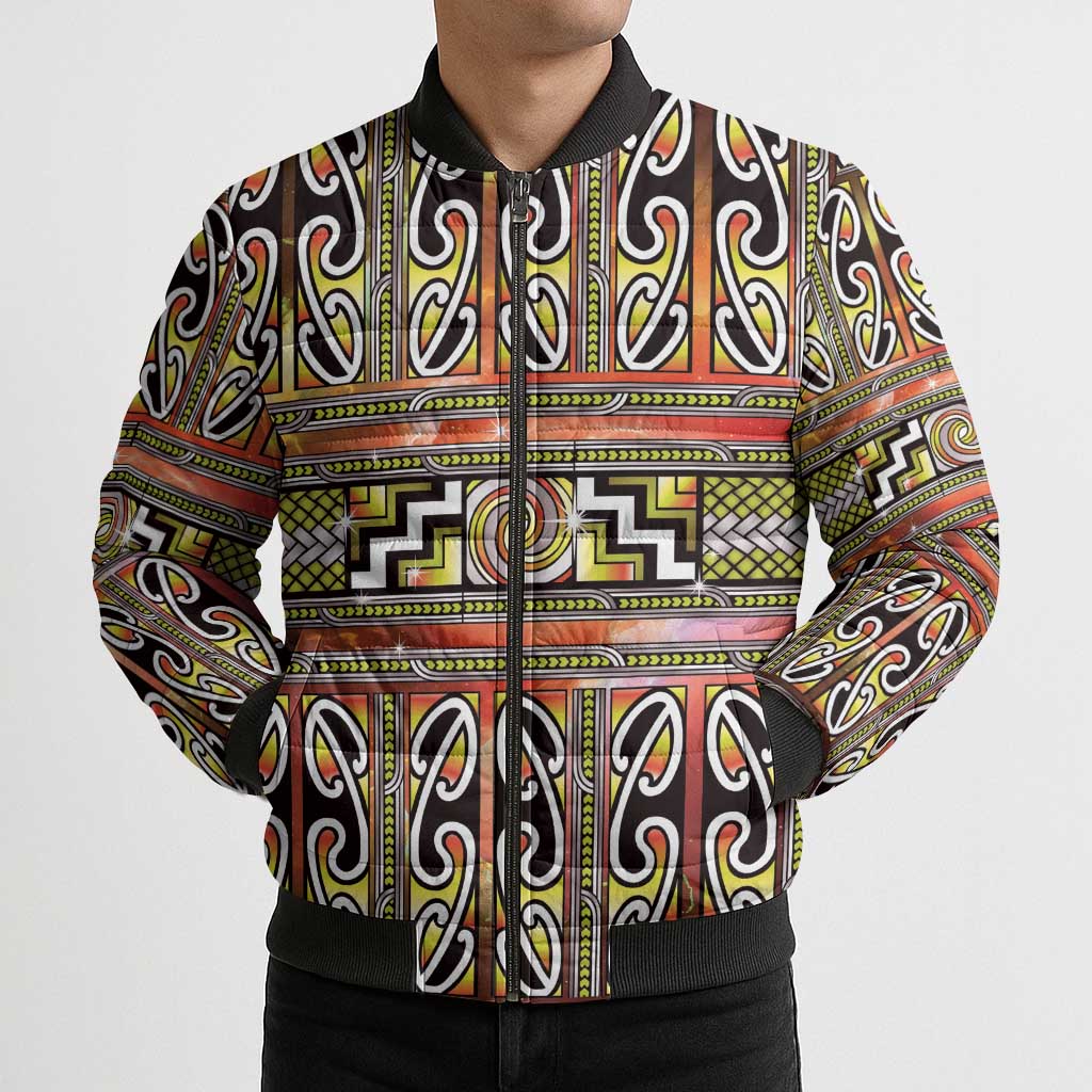 Maori Matariki Bomber Puffer Jacket Yellow Galaxy Aesthetic Koru Art
