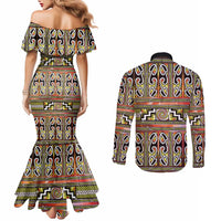Maori Matariki Couples Matching Mermaid Dress and Long Sleeve Button Shirt Yellow Galaxy Aesthetic Koru Art