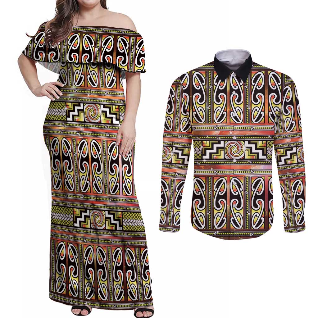 Maori Matariki Couples Matching Off Shoulder Maxi Dress and Long Sleeve Button Shirt Yellow Galaxy Aesthetic Koru Art