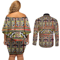 Maori Matariki Couples Matching Off Shoulder Short Dress and Long Sleeve Button Shirt Yellow Galaxy Aesthetic Koru Art