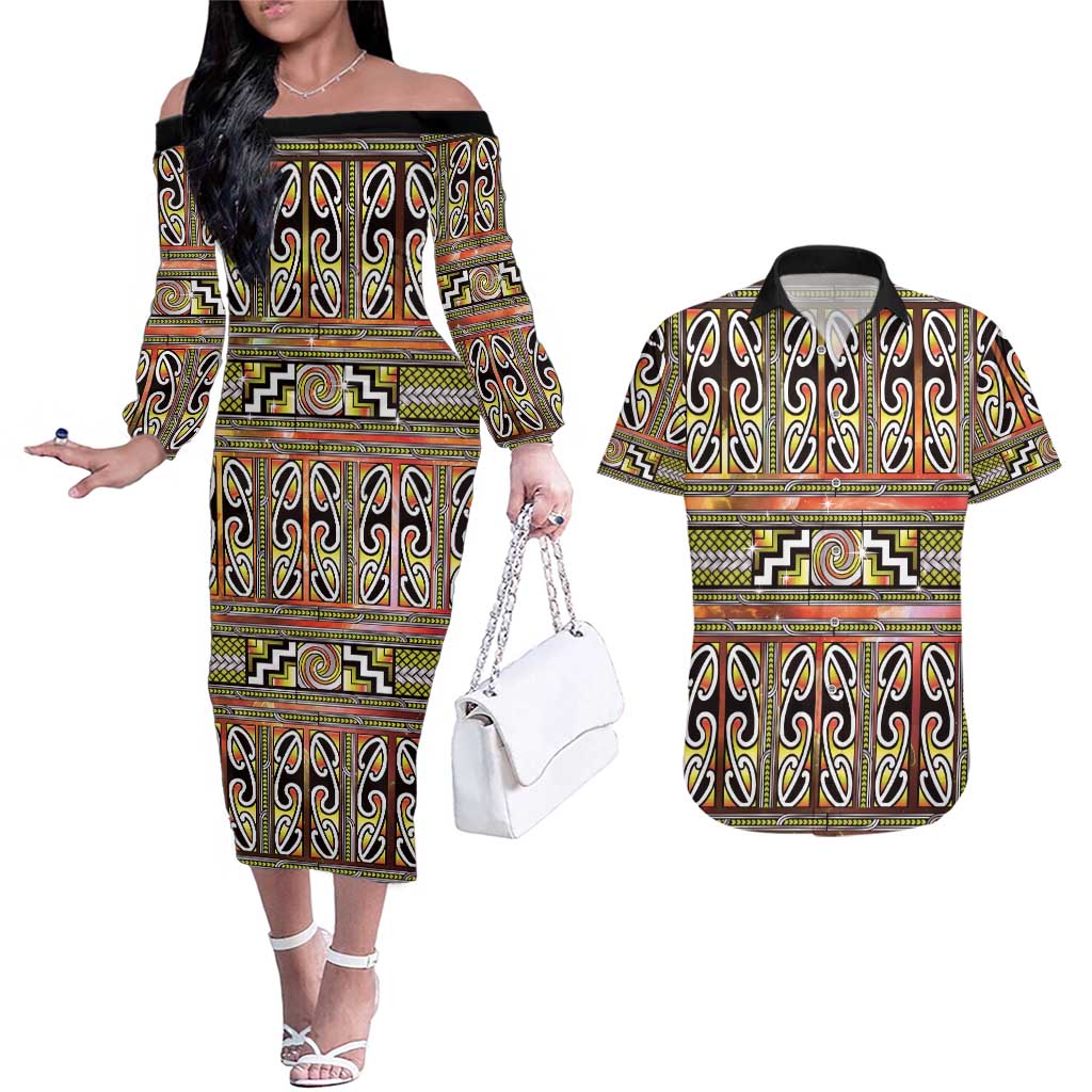 Maori Matariki Couples Matching Off The Shoulder Long Sleeve Dress and Hawaiian Shirt Yellow Galaxy Aesthetic Koru Art