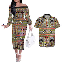 Maori Matariki Couples Matching Off The Shoulder Long Sleeve Dress and Hawaiian Shirt Yellow Galaxy Aesthetic Koru Art