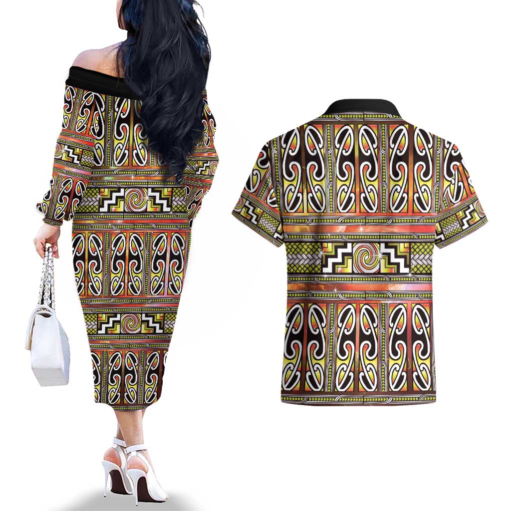 Maori Matariki Couples Matching Off The Shoulder Long Sleeve Dress and Hawaiian Shirt Yellow Galaxy Aesthetic Koru Art
