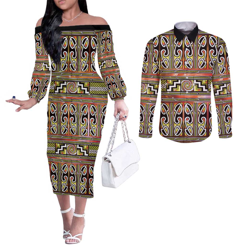 Maori Matariki Couples Matching Off The Shoulder Long Sleeve Dress and Long Sleeve Button Shirt Yellow Galaxy Aesthetic Koru Art