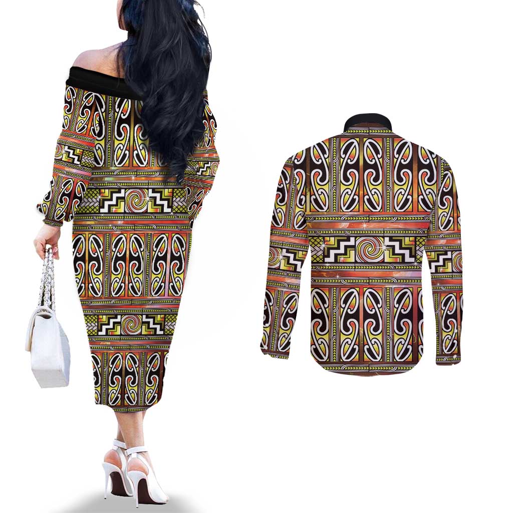 Maori Matariki Couples Matching Off The Shoulder Long Sleeve Dress and Long Sleeve Button Shirt Yellow Galaxy Aesthetic Koru Art