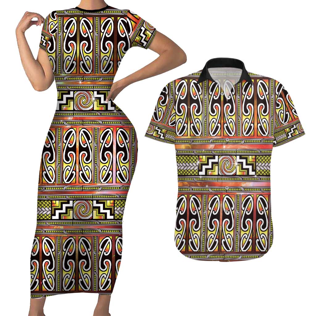Maori Matariki Couples Matching Short Sleeve Bodycon Dress and Hawaiian Shirt Yellow Galaxy Aesthetic Koru Art
