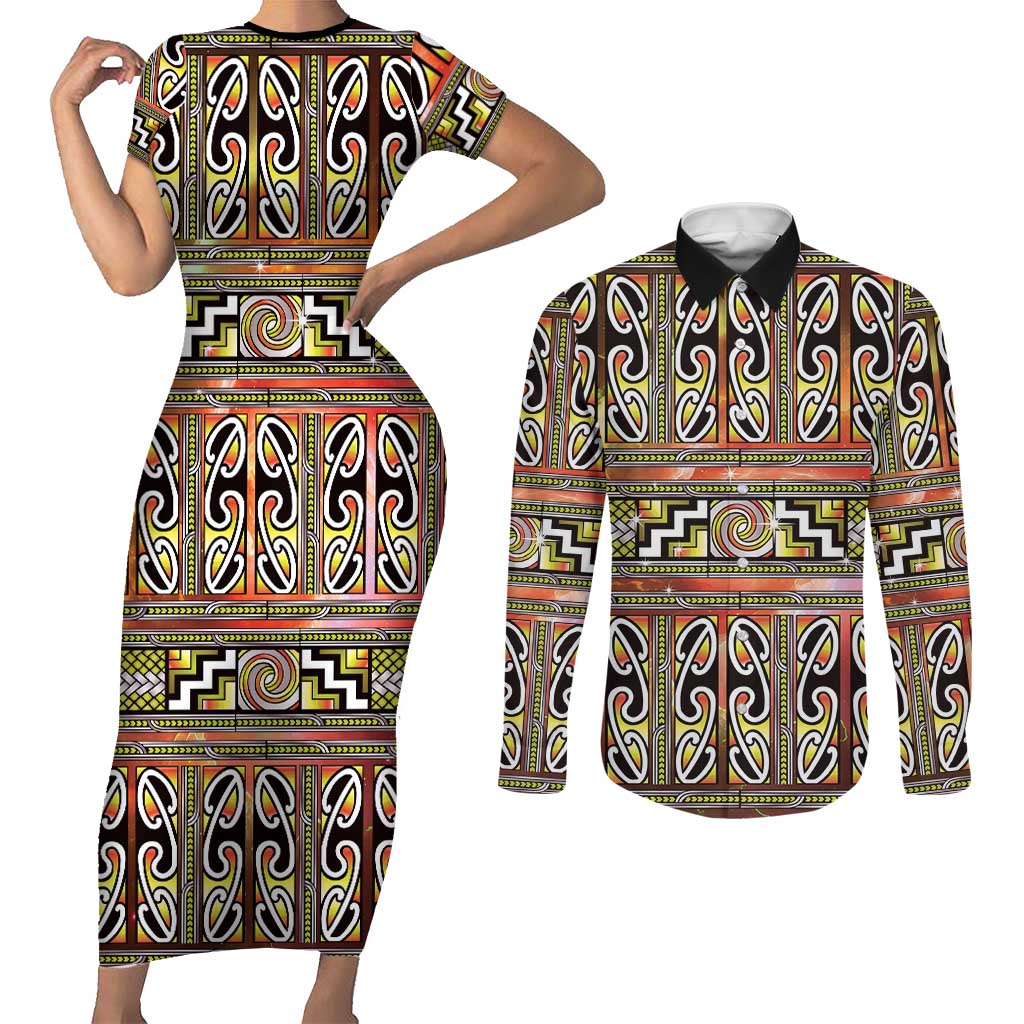 Maori Matariki Couples Matching Short Sleeve Bodycon Dress and Long Sleeve Button Shirt Yellow Galaxy Aesthetic Koru Art