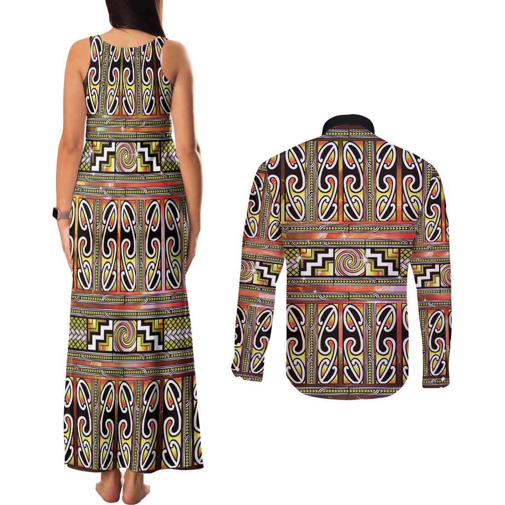 Maori Matariki Couples Matching Tank Maxi Dress and Long Sleeve Button Shirt Yellow Galaxy Aesthetic Koru Art
