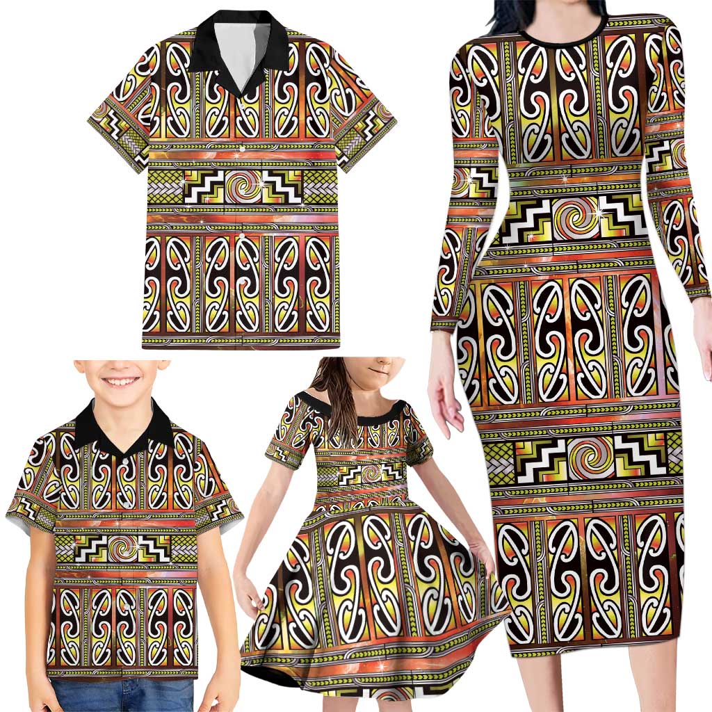 Maori Matariki Family Matching Long Sleeve Bodycon Dress and Hawaiian Shirt Yellow Galaxy Aesthetic Koru Art