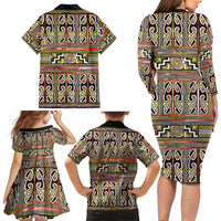 Maori Matariki Family Matching Long Sleeve Bodycon Dress and Hawaiian Shirt Yellow Galaxy Aesthetic Koru Art