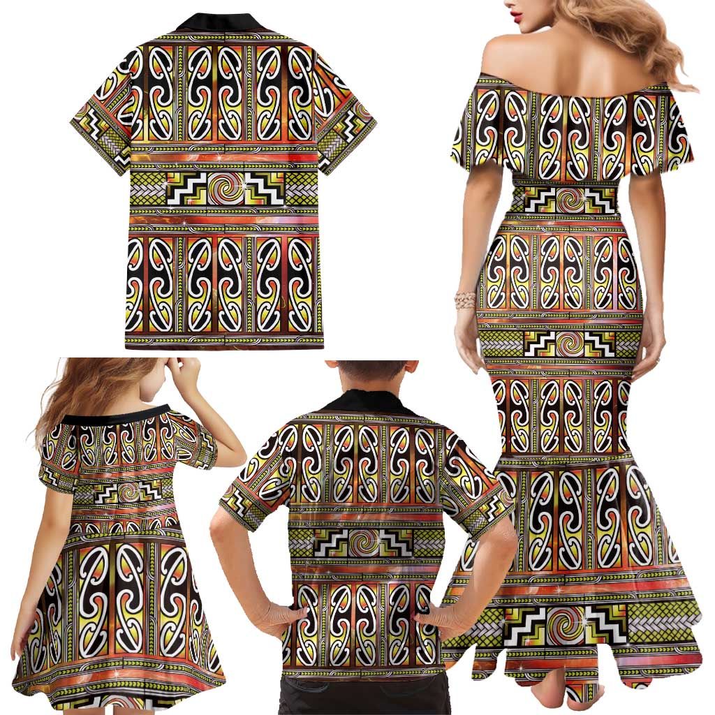 Maori Matariki Family Matching Mermaid Dress and Hawaiian Shirt Yellow Galaxy Aesthetic Koru Art
